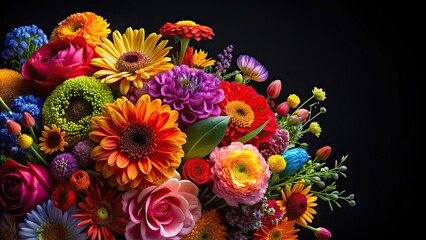 Sticker - Floral explosion of vibrant colors against a black background, blooms, petals, vivid, burst, colorful, vibrant, bright