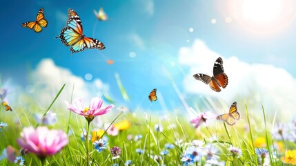 Poster - Butterflies flying over grass and flowers nature abstract background