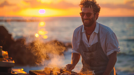 Group of smiling men cooking meat on the grill at an outdoor barbecue party, having fun together. Barbecue event with men cooking meat on the grill outdoors. The Beach have sunset.  