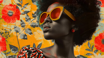 close up photograph with a clear view of an African American woman wearing glasses and an afro hairstyle, in a retro-style illustration with a floral wallpaper background.