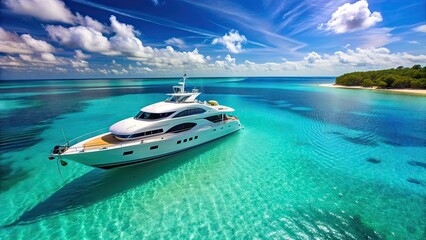 Sticker - Luxury yacht with elegant lines anchored in tranquil, crystal clear waters, luxury yacht, elegant, tranquil