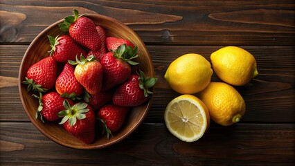 Wall Mural - Vibrant photo of fresh strawberries and lemons on a wooden table, fruit, red, yellow, citrus, healthy, organic, summer, freshness