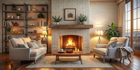 Poster - Cozy living room with a crackling fireplace , cozy, home, interior, domestic, warmth, inviting, comfortable, hearth