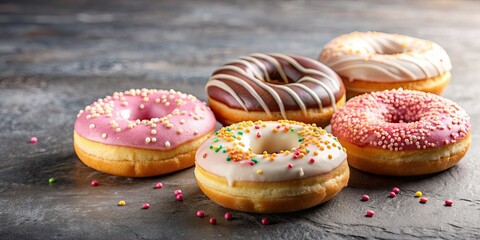 Wall Mural - Delicious donuts topped with sugary icing, donuts, icing sugar, sweet, dessert, bakery, treat, indulgence, delicious