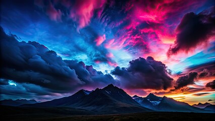 Dark mountain landscape with black, pink, and blue clouds in the night sky , night, sky