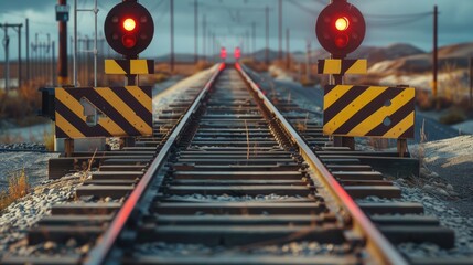 Poster - A railroad crossing with barriers down and warning lights flashing, ensuring safety.