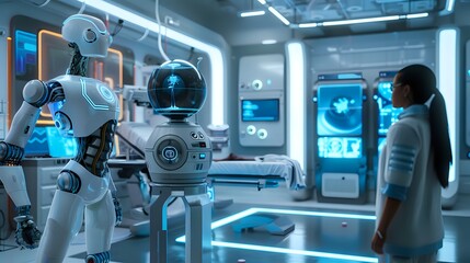 Aufkleber - Futuristic Medical Facility with Robot and Doctor.