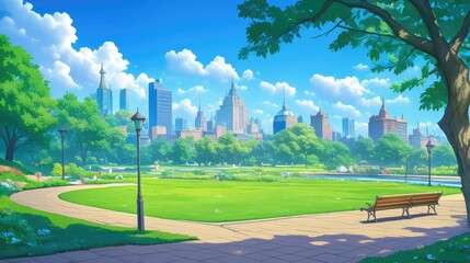 Sticker - Panoramic landscape of the city park with a lawn. Anime illustration