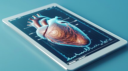 The image of the heart on the tablet. Medical research concept.