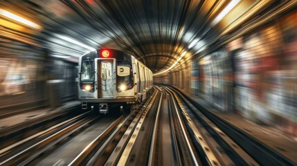 Aufkleber - A subway train speeding through an urban tunnel with motion blur.