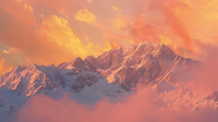 Wall Mural - A photograph of a snow-covered mountain range during golden hour, warm orange and pink sky, towering peaks, calm and majestic scene