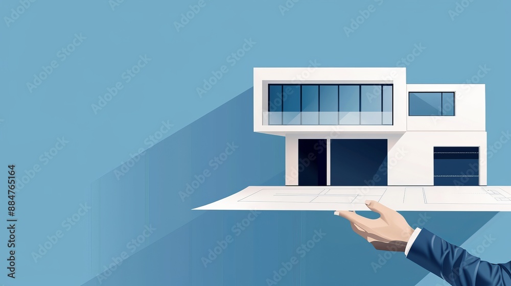 Architect presenting a building application plan, detailed sketches and blueprints displayed, emphasizing the strategic approach to modern architecture, flat design illustration