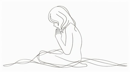  continuous line drawing of child praying with simple elegant strokes