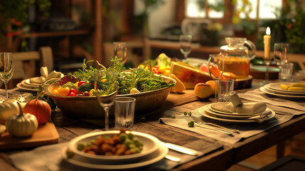 Wall Mural - Table A rustic dining table set with dishes featuring farm-fresh vegetables, emphasizing the farm-to-table concept, with dishes like vegetable soups, stews, and salad