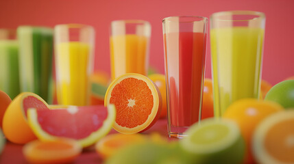 Freshly Squeezed Juice Glasses of freshly squeezed juice in various colors, such as orange, grapefruit, and green juice, with the whole fruits arranged around them