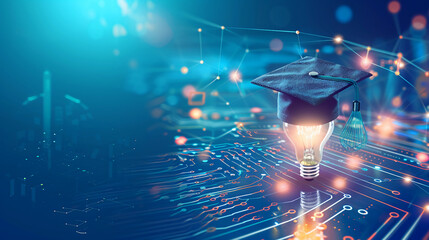 Poster - Graduation cap and light bulb on blue background Reflects education that focuses on using smart technology to develop knowledge and skills.