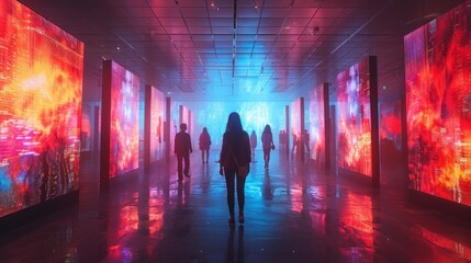 Wall Mural - Digital Art Gallery - People Walking through a Corridor