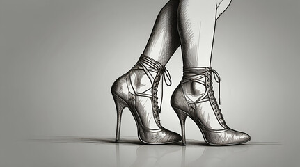 Wall Mural - Female legs with lace up high heels shoes. Hand drawn sketch vector illustration line art, generative.ai
