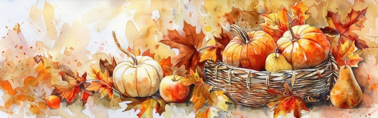 Aufkleber - A watercolor painting depicts a basket of pumpkins and pears, surrounded by vibrant autumn leaves. The painting is painted in a realistic style, capturing the colors and textures of the fall harvest.
