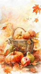 Poster - A watercolor painting depicts an autumn harvest scene with pumpkins, pears, and apples. Three pumpkins are in a woven basket with some leaves, while another pumpkin, a pear, and an apple rest on the g