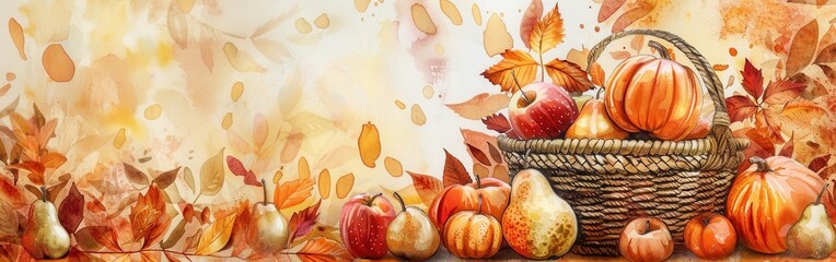 Aufkleber - A wicker basket overflowing with fall harvest bounty sits on a bed of autumn leaves. Inside the basket, ripe red apples, plump pears, and orange pumpkins rest amongst the leaves. The basket is positio