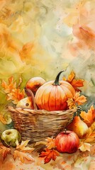 Aufkleber - A watercolor painting depicts a woven basket overflowing with pumpkins and apples. The basket sits on a bed of colorful fall leaves, which surround the fruit. The painting's background is a soft blur 