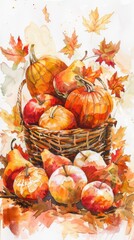 Aufkleber - A watercolor painting depicts a basket overflowing with pumpkins, apples, and pears. The fruit is arranged in a visually appealing way, with some pieces spilling out of the basket. There are autumn le