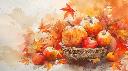 Aufkleber - A watercolor painting depicts a wicker basket filled with three pumpkins and six apples. The basket is surrounded by colorful autumn leaves, including red, yellow, and orange. The background is a pale