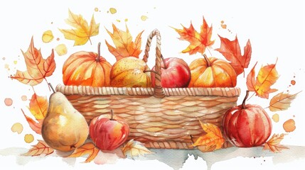 Poster - A watercolor painting depicts a wicker basket overflowing with fall harvest bounty. The basket is filled with pumpkins, apples, and pears, and surrounded by autumn leaves. The painting is done in warm