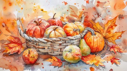 Aufkleber - A watercolor painting depicting a woven basket filled with various fall fruits, including pumpkins, apples, and pears. The basket is resting on a bed of fallen autumn leaves, creating a warm and invit