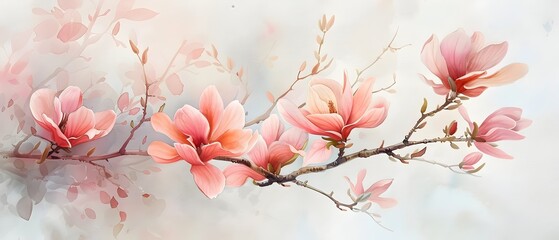 soft magnolia blossoms in watercolor style on tree branch