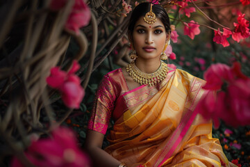 Wall Mural - indian beauty women wear pink and yellow shine saree sit on dark flowers background