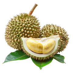 Wall Mural - A durian fruit with a cut-open section revealing the creamy, yellow flesh, and leaves, isolated on a white background