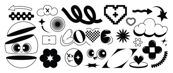 Poster - set of y2k style elements vector. hand drawn collection of pixel, fluffy, eye, heart, cloud, organic