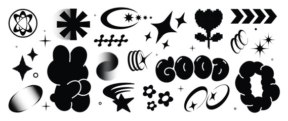 Poster - set of y2k style elements vector. hand drawn collection of pixel, fluffy, halftone, rabbit, organic 