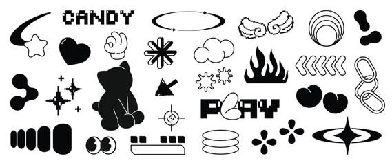 Poster - set of y2k style elements vector. hand drawn collection of pixel, fluffy, cat, heart, wing, fire, or