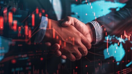 Poster - Businessmen handshake global stock market graph bar chart globe network connection links diagram background.AI generative image