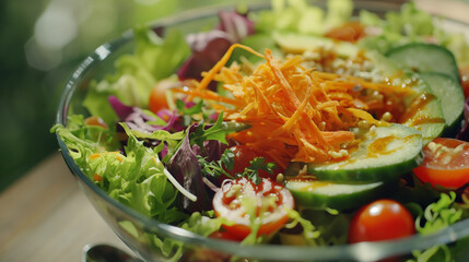 Wall Mural - A fresh, colorful salad bowl featuring a mix of greens, cherry tomatoes, cucumbers, shredded carrots, and avocado slices, drizzled with dressing