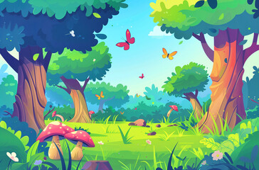 Wall Mural - A colorful illustration of mushrooms and butterflies in a forest