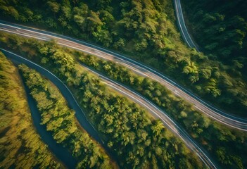 top view of multiple roads from the jungle, green view of the jungle