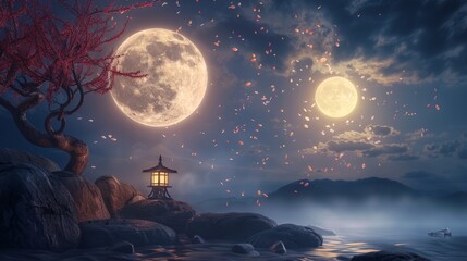 Wall Mural - 3D illustration of a full moon shining in the night sky. Ancient ruins included.