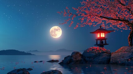 Wall Mural - 3D illustration of a full moon shining in the night sky. Ancient ruins included.