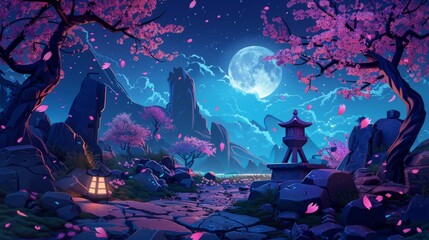 Wall Mural - 3D illustration of a full moon shining in the night sky. Ancient ruins included.
