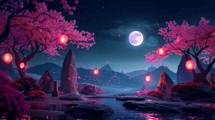 Wall Mural - 3D illustration of a full moon shining in the night sky. Ancient ruins included.