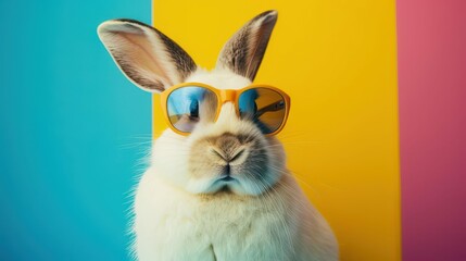 Wall Mural - quirky rabbit in retro sunglasses pop art style vibrant color blocking background