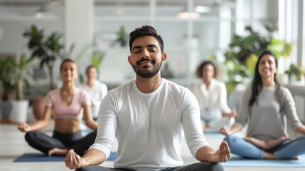 Office Yoga. Happy Indian people doing yoga at the office