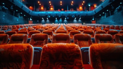 Empty Theater with Rows of Red Seats and Illuminated Stage Lights in a Modern Auditorium