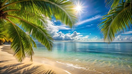 Sunny tropical beach with palm trees and tranquil turquoise waters, perfect for a serene getaway or tropical vacation backdrop.