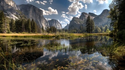 Poster - Yosemite Valley View With Reflection of Majestic Mountains and Lush Forest