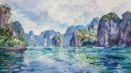 Poster - Watercolor Painting of Boats in Phang Nga Bay, Thailand